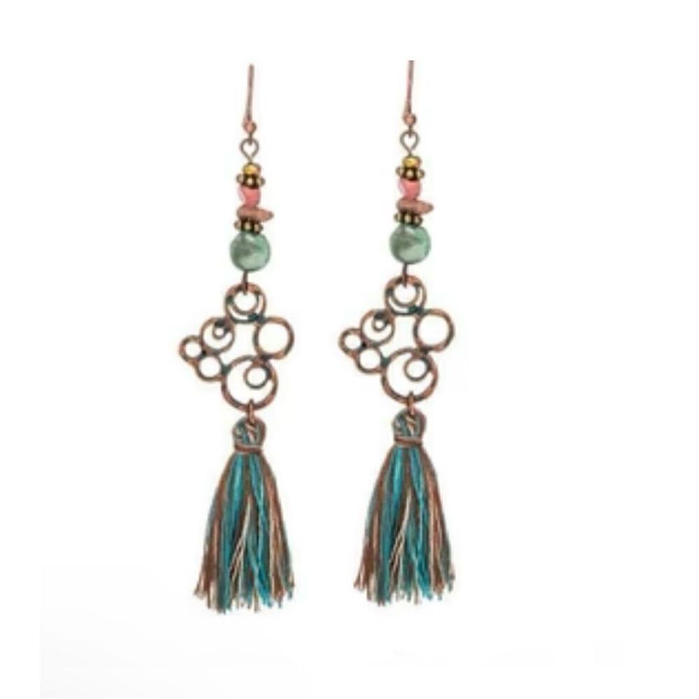 Blue Pink‎ Beaded Boho Long Tassel Brass Tome Dangle Fashion Earrings NEW